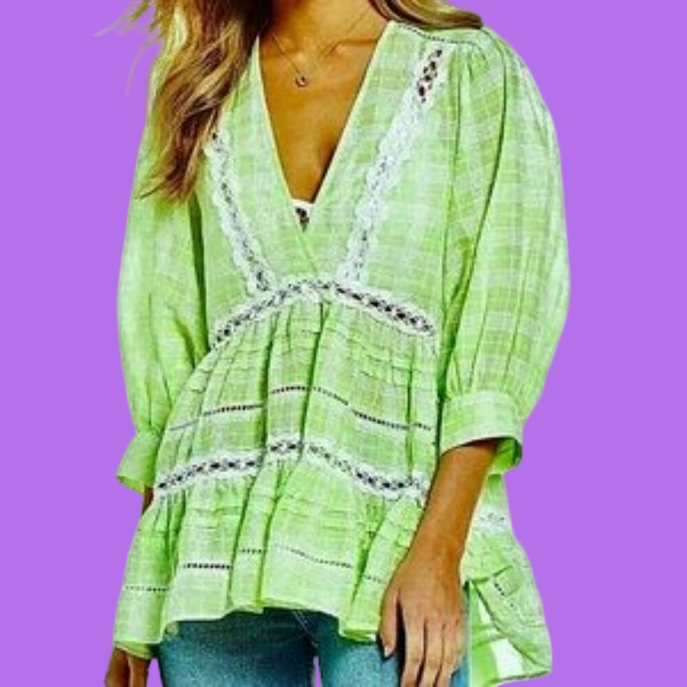 Free People Time Out Deep V Neck Lace Trim Top NWOT - Picture 2 of 14